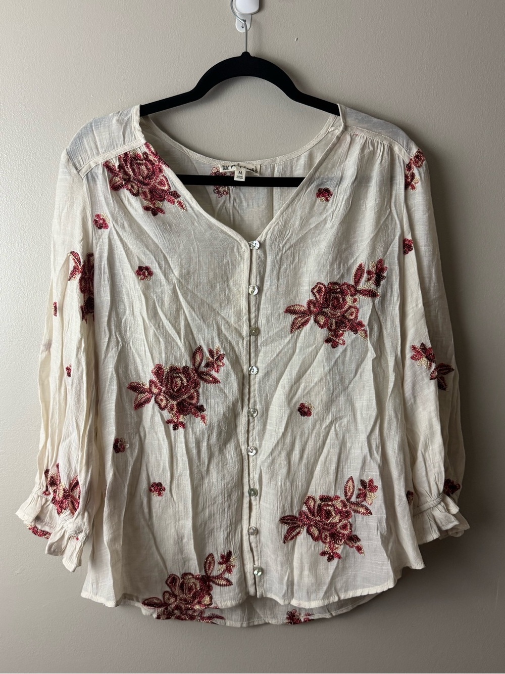 Women's Hope Springs Cream Button-Front Blouse with Red Floral Embroidery Medium
